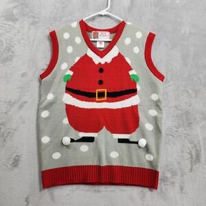 Merry Christmas Sweater Vest Mens L Red Santa Claus Pom Pom Knit Ugly Holiday
